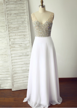 Ivory Beaded Chiffon Long Prom Dress